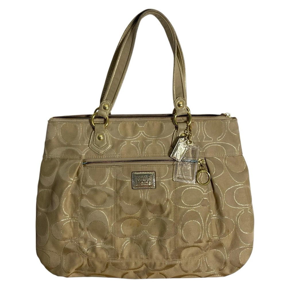 Coach Poppy Glam Tote Handbag Signature C Logo Jacquard Leather Trim Vintage